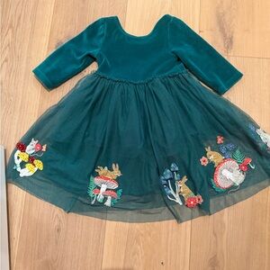 Mini Boden Girl's Velvet Tulle Applique Dress in Green with bunnies forest